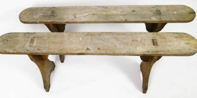 A pair of early 20thC French benches, with oblong tops on shaped legs. 50cm H, 126cm W, 20cm D. (2) - 2