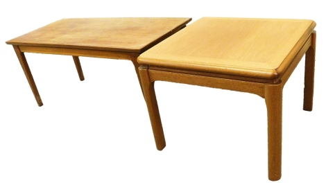 A Nathan teak table, with square top, on shaped legs and another rectangular teak coffee table, 40cm H, 74cm W, 41cm D.