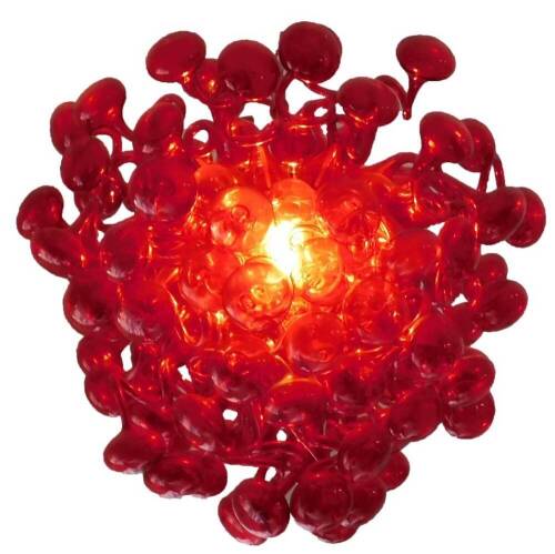 A recent Murano glass chandelier or shade, set with tubular red glass sections, on an arrow shaped centre section with entwined metal fastening and circular hook top, approx. 87cm H, 82cm Dia. at the widest point. This item has been photographed in situ