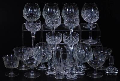 Various glassware, comprising of six crystal hock glasses with cut glass bowls, 16cm H, various brandy balloons, etc. (a quantity)