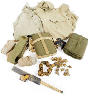 Various army related kit, water bottles, brass buttons, metal bayonet with scabbard, 26cm W, other army related shirts, khaki, etc. (a quantity)