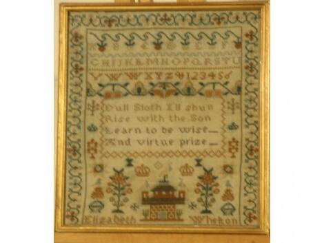 A 19thC sampler, by Elizabeth Whelton, undated, worked in coloured thread,