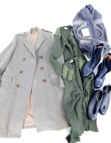 Various RAF related and other items, a kit bag, green jacket, various footware, boots, overcoat, etc. (a quantity)