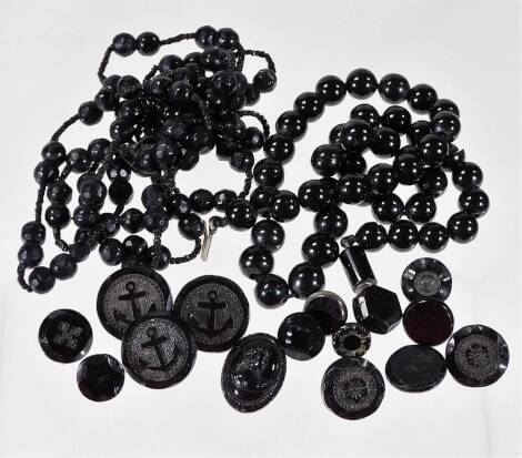 Various jet and imitation jet, comprising longuard chain, necklace, and various loose buttons. (a quantity)