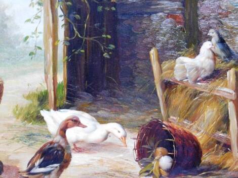 Dail (20thC School). Farmyard scene, geese, doves and basket, oil on board, signed, 21cm x 25cm.