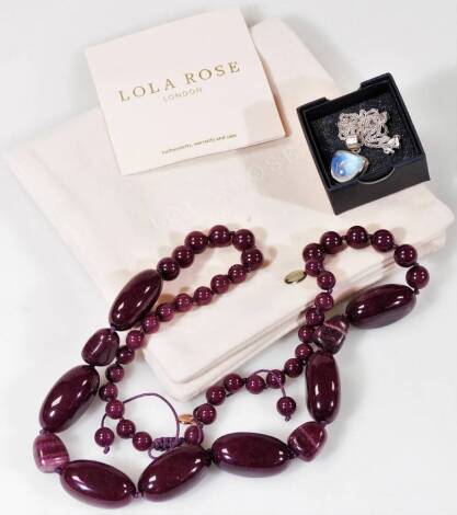 A Lola Rose London bead necklace, with graduated purple stones, 60cm L and a moonstone pendant on slender link chain (in outer pouch, with paperwork, 2)