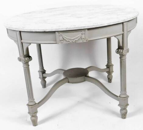 A 20thC neo-classical design table, with circular marble finish wooden top, the apron of plain form of broken by raised carved garlands, on turned legs, joined by serpentine stretchers on circular feet, overall painted cream, 69cm H, 94cm Dia.