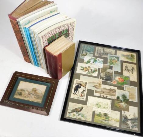 A framed set of various postcards, early 20thC, 1905 Bonne Annee card, 9.5cm x 14cm, various others, etc. in ebonised framed, books, Treasury of Art Nouveau Design and Ornament and various others, Chums Annual 1906, Mrs Beeton Household Management and a s
