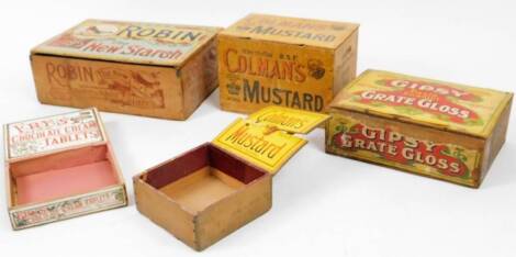 Various early 20thC pine advertising and other boxes, to include Gypsy Grate Gloss, 38cm W, Colman's Mustard, another, etc. (a quantity, AF)