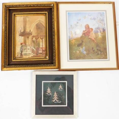 19thC English School. Church Interior, watercolour, unsigned, 31cm x 20cm, a Margaret Tarrant print and a festive embroidery with Christmas trees on embroidered ground. (3)
