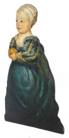A 19thC dummy board, on a shaped back, painted with a figure of a girl in flowing robes, 90cm H.