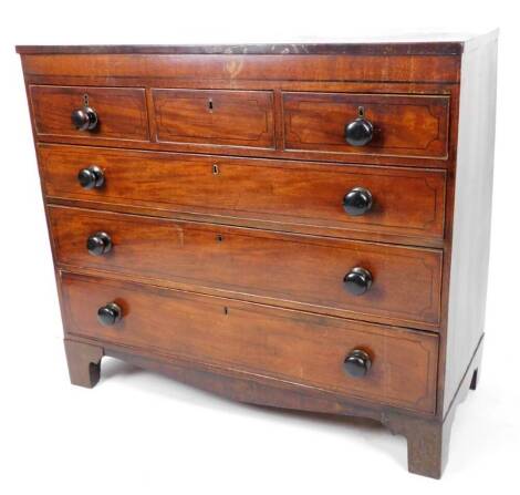 A 19thC mahogany chest, of three short drawers raised above three long drawers, on high ogee bracket feet, 99cm H, 113cm W, 48cm D.