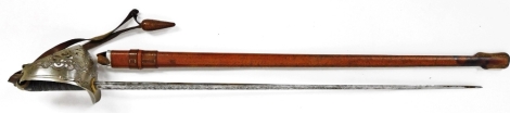 An officer's sword, with turned grip, plain blade, brown leather scabbard and pierced basket hilt, with compressed orb pommel, 106cm W.
