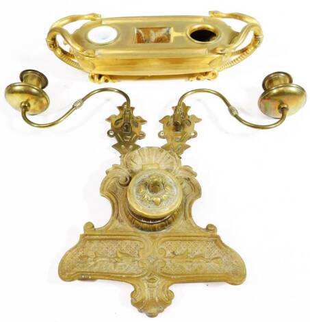 Various brass ware, a boat shaped inkstand, gilt metal, 31cm W, wall sconce, etc. (a quantity)