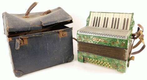 A mid 20thC piano accordion, of small proportion, in green marble finish with chrome type top, set with fifteen main keys, 33cm W. (cased)