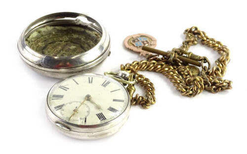 A Victorian silver pair cased pocket watch, the enamel dial with Roman numerals, the movement stamped William Woolsey, Birmingham 1853, with gilt metal chain and 9ct gold and enamel fob, the fob 2.5g.