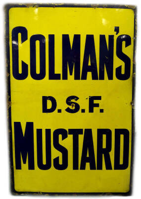 A Colman's mustard enamel sign, in blue, on a yellow ground, Colman's D.S.F Mustard, 92cm x 61cm.