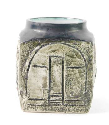 A Troika late 20thC pottery vase, of cube form, with geometric decoration, painted mark, artist's initials LK, 9.5cm H.