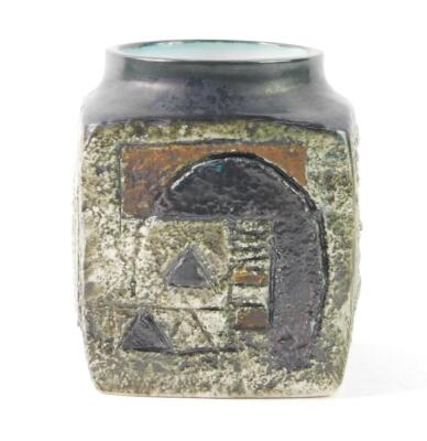 A Troika late 20thC pottery vase, of cube form, with geometric decoration, painted mark, artist's initials LK, 9.5cm H. - 2