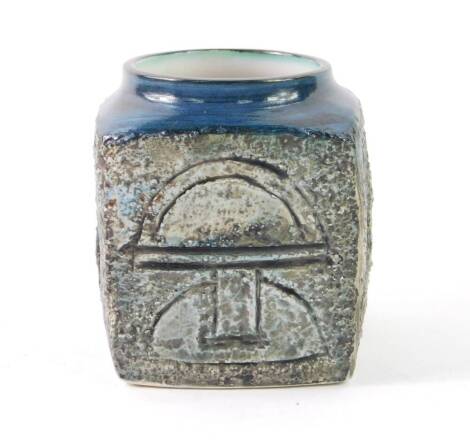 A Troika late 20thC pottery vase, of cube form, with geometric decoration, painted mark, artist's initials LT, 9.5cm H.