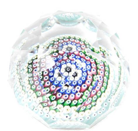 A Whitefriars faceted glass paperweight, with concentric millefiori decoration and dated cane for 1973, 7.5cm Dia.