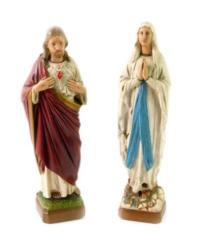 Two French late 19thC plaster figures, comprising Jesus of The Sacred Heart, and Our Lady of Lourdes, 32cm H.