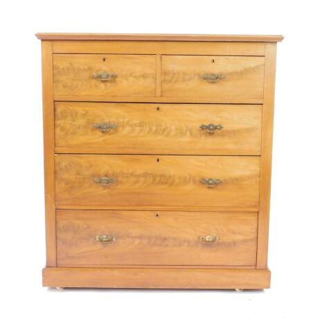 A Victorian mahogany chest of drawers, with two short over three long drawers, raised on a plinth base, on castors, 113cm H, 103cm W, 48.5cm D.