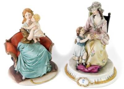 A Capo di Monte porcelain figure of a mother and child, by Tyche Tosca, the mother modelled seated in a chair with her foot upon a cushion, with a child standing at her side, raised on a circular base, 21cm H, and a further Capo di Monte figure of a mothe