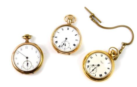 Three early 20thC gentleman's gold plated pocket watches, open faced, keyless wind, enamel dials bearing Roman or Arabic numerals, subsidiary seconds dial, including Smiths Empire and American Watch Company, Waltham Massachusetts.
