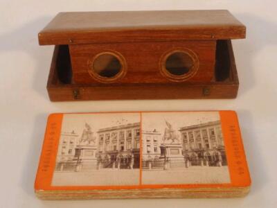 A late 19thC walnut stereoscopic folding viewer in a case