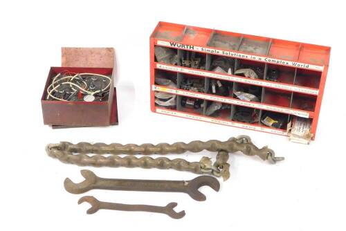 A red box testometer Mk.3 spark plug te, with instruction manual, a spark plug tester, together with a Wurth red metal pigeon hole cabinet, with contents, and a Blackburn large spanner, another spanner, and a heavy link chain. (5)