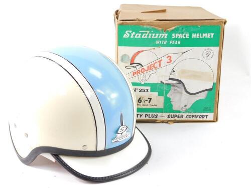 A Stadium Project 3 space helmet, with peak, white with blue flash, boxed.