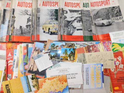 Various Autosport magazines 1960s, other related ephemera, maps, postcards, etc. (qty)