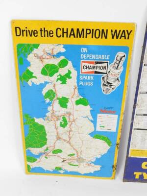 A Michelin Check You Tyre Pressures tyre pressure blue enamel sign, 87cm H x 63cm W, together with a Motor 'Drive The Champion Way' map of Britain enamel sign, 77cm H x 46cm W. (2) - 3