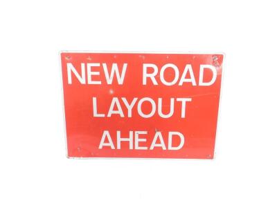 A New Road Layout Ahead road sign, red background with white lettering, 76cm H x 106cm W, together with a Foster's Drove road sign, 23cm H x 145cm W. (2) - 2