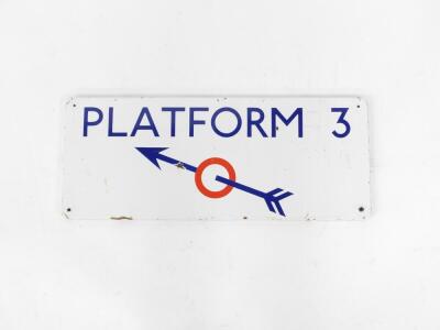 A British Railways Platform 3 enamel sign, white with blue arrow and lettering, 31cm H, 77cm W.