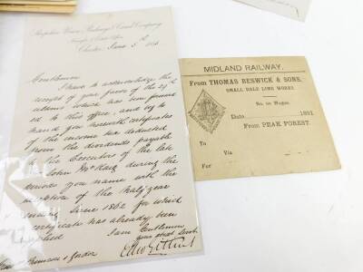 British railway ephemera, including a Midland Railway ticket, Railway Clearing House letters, further letters, railway related postcards, Transacord Ltd Railway Records, etc. (qty) - 4