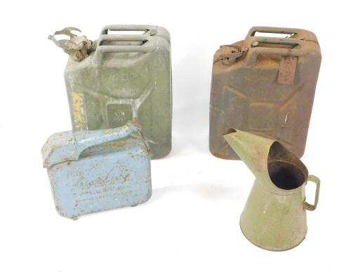 Two military Jerry cans, an Evershaw Fillacan, and another oil can. (4)