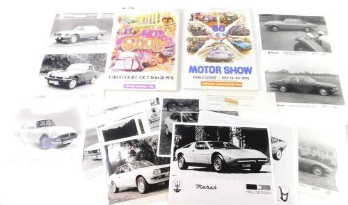 Two catalogues for The Earls Court Motor Shows 1974 and 1975, together with promotional photographs of various cars. (qty)