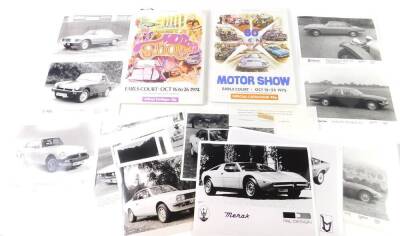 Two catalogues for The Earls Court Motor Shows 1974 and 1975, together with promotional photographs of various cars. (qty)