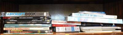 Military aviation books, including WWII Bombers Over Japan, books on the Messerschmitt, etc. (1 shelf)