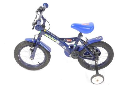 An Apollo Moonman child's bicycle, blue with stabilisers.