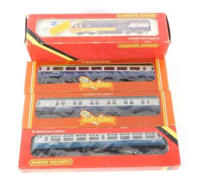 A Hornby OO gauge BR Class High Speed Inter-City 125 locomotive R069, together with an Inter-City MkII coach R921, MkIII First Class open coach R425, and a Mk1 sleeper coach R420, all boxed. (4)