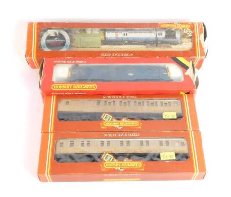 A Hornby OO gauge diesel locomotive 6124, BR operating Mail Coach R416, and two LNER sleeping cars with teak finish, R479, all boxed. (4)