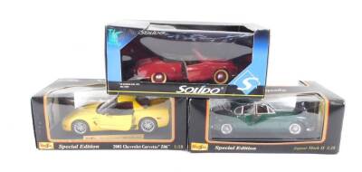 A Maisto die cast 2001 Chevrolet Corvette Z06 Special Edition, scale 1:18, Jaguar MkII Special Edition, and a Solido VW Carman Ghia 1957, all boxed. (3)