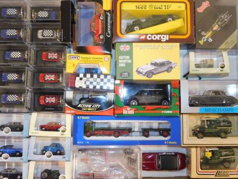 Corgi Lledo and other die cast vintage cars, sports cars and trucks, various scales, together with Mini Cooper key rings, Scalextric track, lanyards, etc. (qty)