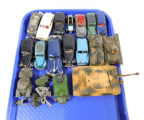 Dinky Corgi and other die cast classic cars, together with Solido tanks, and Dinky military vehicles. (qty)