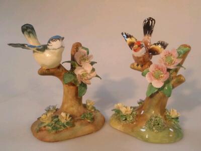 A Crown Staffordshire bone china model of a Goldfinch on a blossom branch