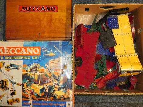 A Meccano Site Engineering Set No.5, boxed, loose Meccano and instructions in a Meccano wooden box, and further Meccano, including a partially made lorry. (qty)