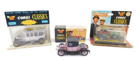 A Corgi Classics 1927 3 litre Bentley, with Bertie Wooster and Jeeves, Classics 1912 Rolls Royce Silver Ghost, No 9041, and a Classics 1910 Renault 9031, all boxed. (3)